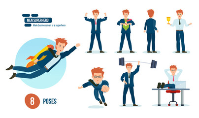 Businessman is superhero, beautiful business clothes in various poses, situations.