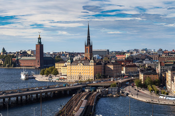 Fototapeta na wymiar STOCKHOLM, SWEDEN - SEPTEMBER, 16, 2016: Skyline of old town and modern infrastructure