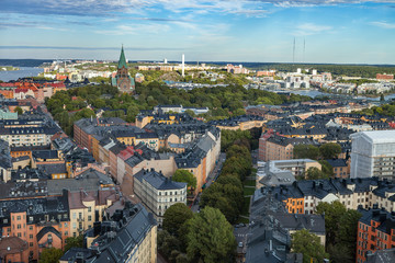 Fototapeta premium STOCKHOLM, SWEDEN - SEPTEMBER, 16, 2016: Aerial view on central part of city from mall tower