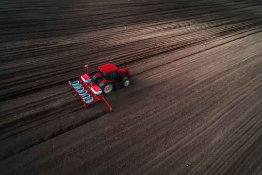 Aerial view of red tractor seeding field. Farmer preparing land with seedbed cultivator.