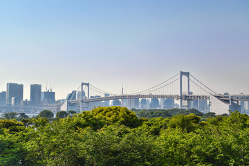 Rainbow bridge as seen from Odaiba waterfront, Odaiba, Japan
