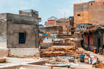 colorful leather drying out in a tannery at marrakech, Morocco