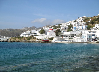 White colored Greek islands architecture on the hillside of Mykonos Old Port, Mykonos island of Greece 