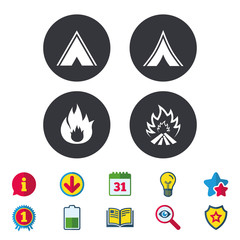 Tourist camping tent signs. Fire flame icons.