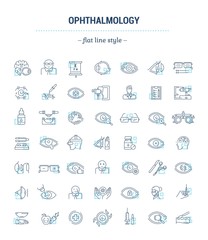 Vector graphic set.Isolated Icons in a flat, contour, thin, minimal and linear design.Ophthalmology.Glas diseases, treatment.Cataract, glaucoma.Concept illustration for Web site.Sign, symbol, element.