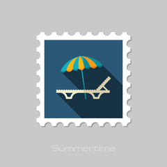 Beach chaise lounge with umbrella stamp. Vacation
