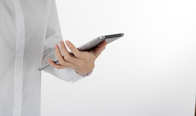 woman holding tablet with isolated white back ground