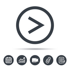 Arrow icon. Next navigation symbol. Calendar, chart and checklist signs. Video camera and attach clip web icons. Vector