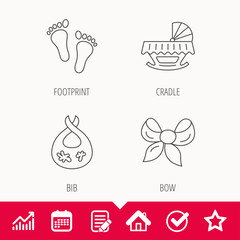 Footprint, cradle and dirty bib icons. Bow linear sign. Edit document, Calendar and Graph chart signs. Star, Check and House web icons. Vector