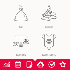 Baby clothes, bath bubbles and hat icons. Baby toys linear signs. Edit document, Calendar and Graph chart signs. Star, Check and House web icons. Vector