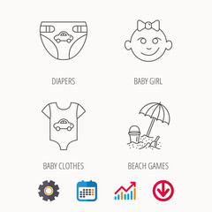 Newborn clothes, diapers and baby girl icons. Beach games linear sign. Calendar, Graph chart and Cogwheel signs. Download colored web icon. Vector