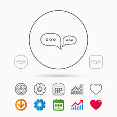 Chat icon. Comment message sign. Dialog speech bubble symbol. Calendar, Graph chart and Cogwheel signs. Download and Heart love linear web icons. Vector