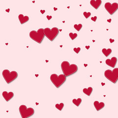 Red stitched paper hearts. Random scatter on light pink background. Vector illustration.