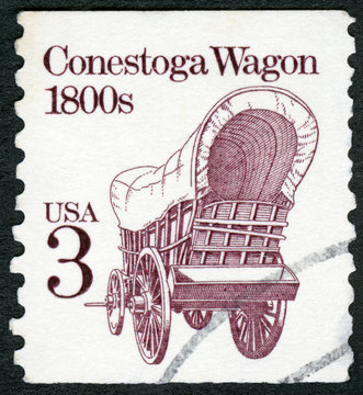 USA - 1987: shows Conestoga Wagon 1800s, series Transportation Coils series