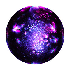 Abstract ornamented sphere with delicate flowers on white background. Fantasy fractal design in pink, black and blue colors. Psychedelic digital art. 3D rendering.