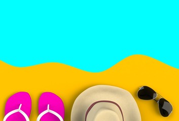 Beach accessories on floor, Summer vacation concept, 3D rendering