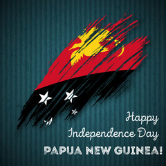 Papua New Guinea Independence Day Patriotic Design. Expressive Brush Stroke in National Flag Colors on dark striped background. Happy Independence Day Papua New Guinea Vector Greeting Card.