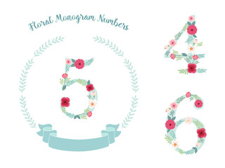 Fototapeta premium Cute vintage numbers with hand drawn rustic flowers
