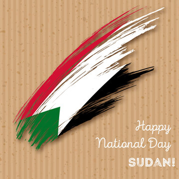 Sudan Independence Day Patriotic Design. Expressive Brush Stroke in National Flag Colors on kraft paper background. Happy Independence Day Sudan Vector Greeting Card.