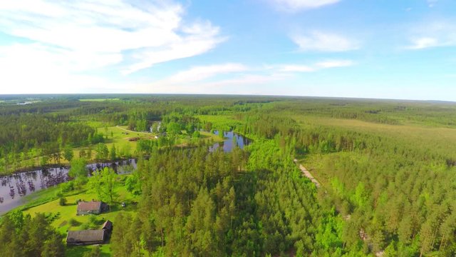 Aerial View. Flying over the beautiful summer river. Aerial footage. Nature forest and river landscape.