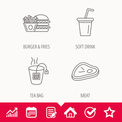 Hamburger, meat and soft drink icons. Tea bag linear sign. Edit document, Calendar and Graph chart signs. Star, Check and House web icons. Vector