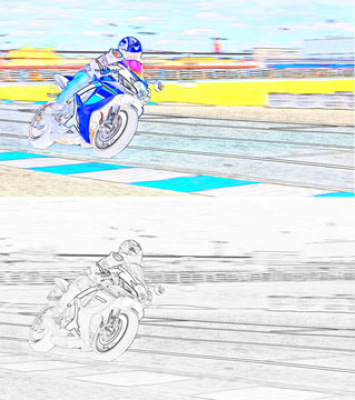 A motorcycle racer on a sports track. Color and monochrome image.