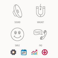 Magnet, smiling face and faq speech bubble icons. Sound linear sign. Calendar, Graph chart and Cogwheel signs. Download colored web icon. Vector