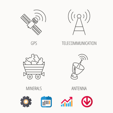Telecommunication, minerals and antenna icons. GPS satellite linear sign. Calendar, Graph chart and Cogwheel signs. Download colored web icon. Vector