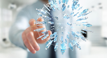 Businessman holding 3D rendering group of people surrounding planet Earth