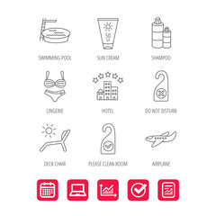 Hotel, swimming pool and beach deck chair icons. Sun cream, do not disturb and clean room linear signs. Shampoo and airplane icons. Report document, Graph chart and Calendar signs. Vector