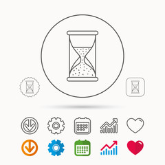 Hourglass icon. Sand time sign. Half an hour symbol. Calendar, Graph chart and Cogwheel signs. Download and Heart love linear web icons. Vector