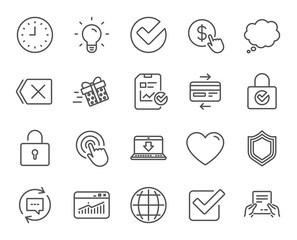 Report, Time and Globe line icons. Statistics.