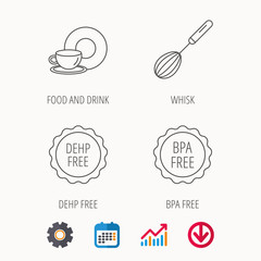 Food and drink, whisk and BPA free icons. DEHP free linear sign. Calendar, Graph chart and Cogwheel signs. Download colored web icon. Vector