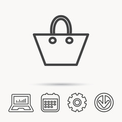 Ladies handbag icon. Elegance women accessory sign. Notebook, Calendar and Cogwheel signs. Download arrow web icon. Vector