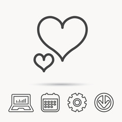 Love hearts icon. Lovers sign. Couple relationships. Notebook, Calendar and Cogwheel signs. Download arrow web icon. Vector