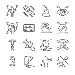 Fototapeta premium Medical innovation line icon set. Included the icons as physical scan, digital eye, dna, pseudo heart, organ printing and more.
