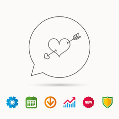 Love heart icon. Amour arrow sign. Calendar, Graph chart and Cogwheel signs. Download and Shield web icons. Vector