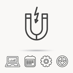 Magnet icon. Magnetic power sign. Physics symbol. Notebook, Calendar and Cogwheel signs. Download arrow web icon. Vector
