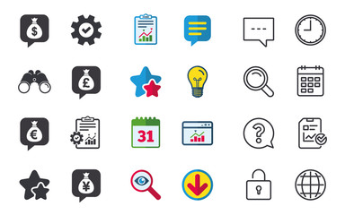 Money bag icons. Dollar, Euro, Pound and Yen.