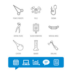 Medical mask, blood and dental pliers icons. Pills, drilling tool and clyster linear signs. Enema, lab beaker and forceps flat line icons. Report file, Graph chart and Chat speech bubble signs