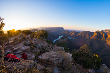 Blyde River Canyon, famous travel destination in South Africa. Last sunlight on the mountain ridges. Ultra wide angle view from above.