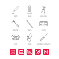 Fototapeta premium Thermometer, pills and dental pliers icons. Tablets, drilling tool and beaker linear signs. Enema, scalpel and pipette drop flat line icons. Report document, Graph chart and Calendar signs. Vector