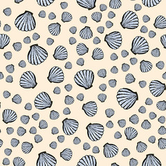 Vector seamless pattern with seashells. Sketch decorated elements beige background will be a good summer backdrop for the site, wallpaper or a picture for printing on paper or textiles