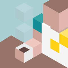 Abstract coffee break poster, cubes composition isometric vector illustration