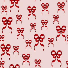Seamless vector pattern with red bows stylized with silk ribbon. The wallpaper is usable for decorating gift boxes, wrapping paper, printing on textiles and as a backdrop for holiday cards