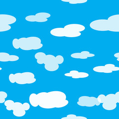 Bright vector seamless pattern of clouds in the light blue sky. Suitable for printing on textiles, wrapping paper, and can also be used as wallpaper for the computer or backdrop for the site.