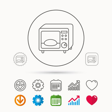 Microwave oven icon. Kitchen appliance sign. Calendar, Graph chart and Cogwheel signs. Download and Heart love linear web icons. Vector