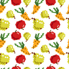 8 bit pixel seamless fruit pattern. cute children's pattern with a fruits of cubes, apple, pear and carrot. Perfect for fabric or paper.