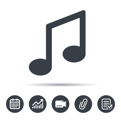 Music icon. Musical note sign. Melody symbol. Calendar, chart and checklist signs. Video camera and attach clip web icons. Vector