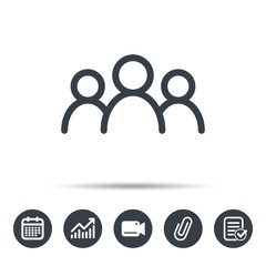 People icon. Group of humans sign. Team work symbol. Calendar, chart and checklist signs. Video camera and attach clip web icons. Vector
